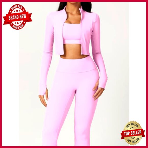 3-Piece Workout Set: Zip Jacket, Sports Bra, Tummy Control Leggings - Picture 2 of 7